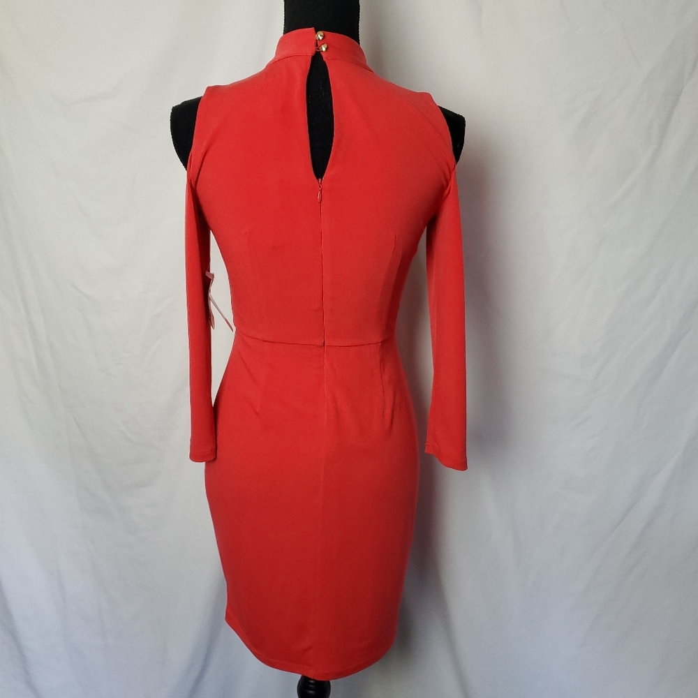 Jessica Simpson Cold Shoulder Coral Mock Neck Attached Belt Sheath Dress Size 2 - Picture 15 of 16